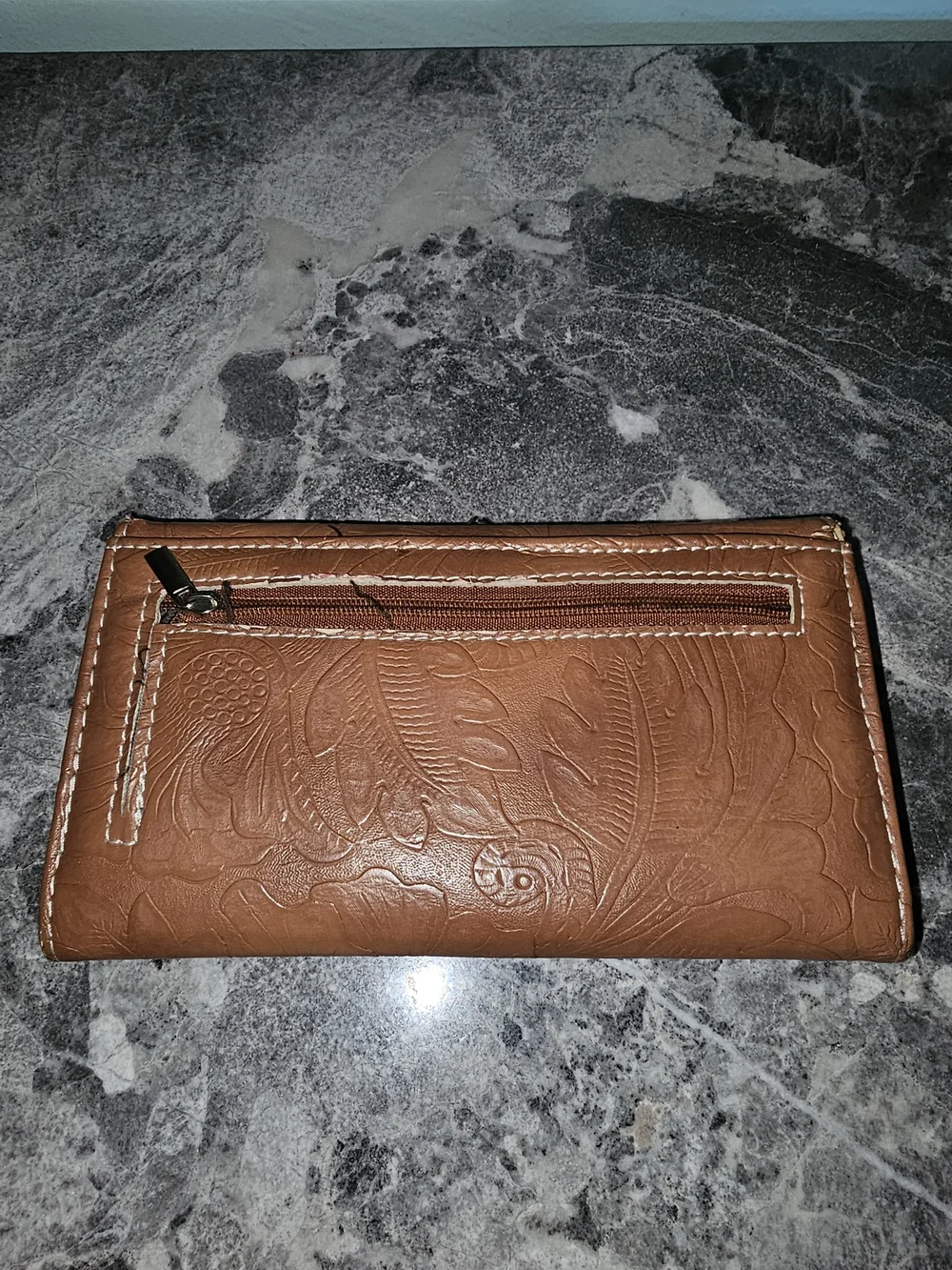 Brown Embossed Cross Accent Wallet with Turquoise Detail